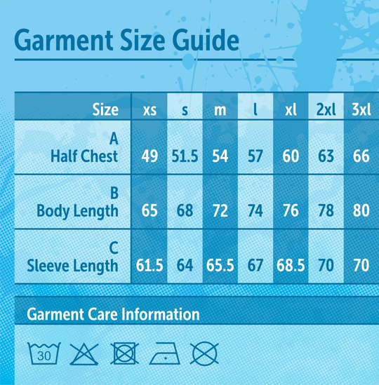 Drift Boardsports Cleethorpes Hoody garment size guide with measurements in centimetres on a blue background.