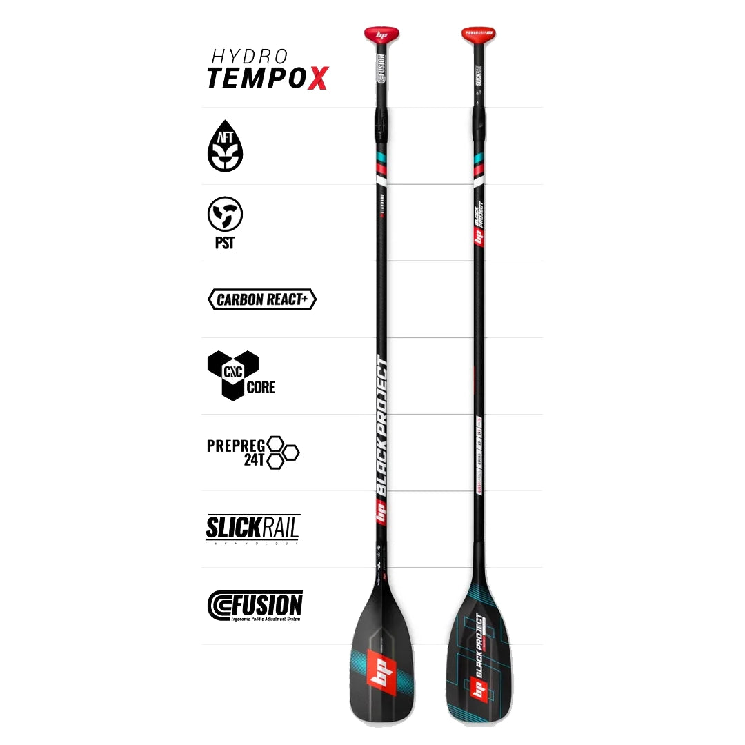 Two Black Project Hydro Tempo X paddles with feature icons on a white background.