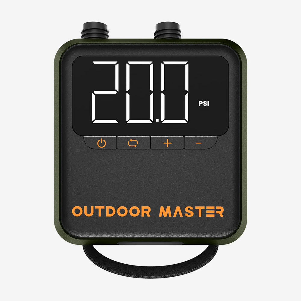 Digital display on Electric Cachalot SUP Pump with 'Outdoor Master' branding on a white background.
