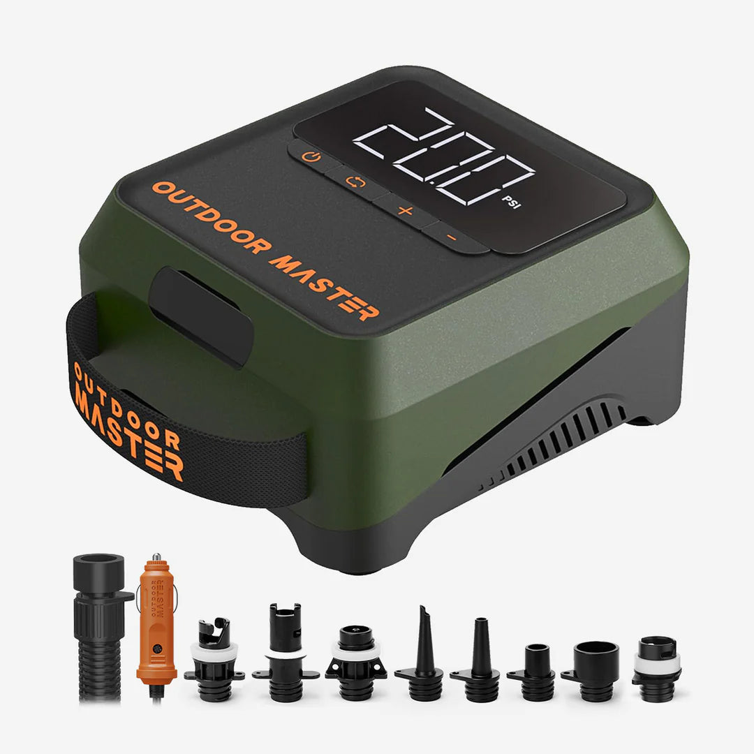 Outdoor Master Electric SUP Pump with digital display and various nozzles on a white background.