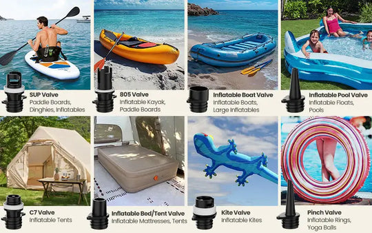 Collage of various inflatable products with corresponding valves on a beach, pool, SUP, and tent setting.