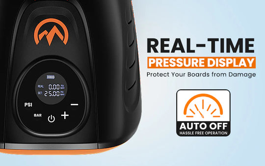 Black and orange electric SUP pump with 25psi digital display on a light blue background.