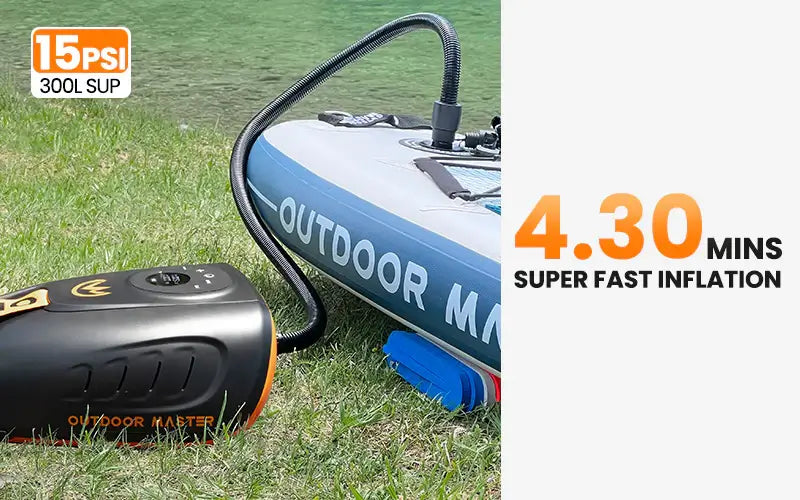 Inflatable SUP with a rechargeable electric pump on grass, showing inflation time and pressure rating.