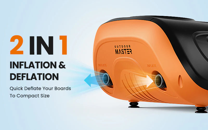 Orange and black inflation and deflation ports on 'Outdoor Master' pump with a light blue background.