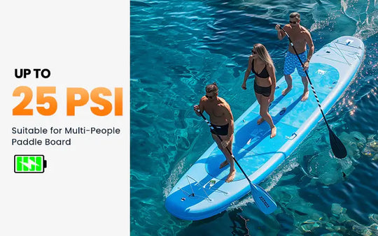 People paddleboarding on a blue inflatable paddle board with text indicating PSI rating of the electric SUP pump.