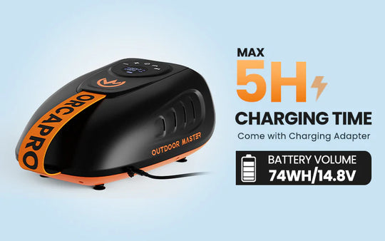 Black and orange electric SUP Pump with charging time and battery information on a light blue background.
