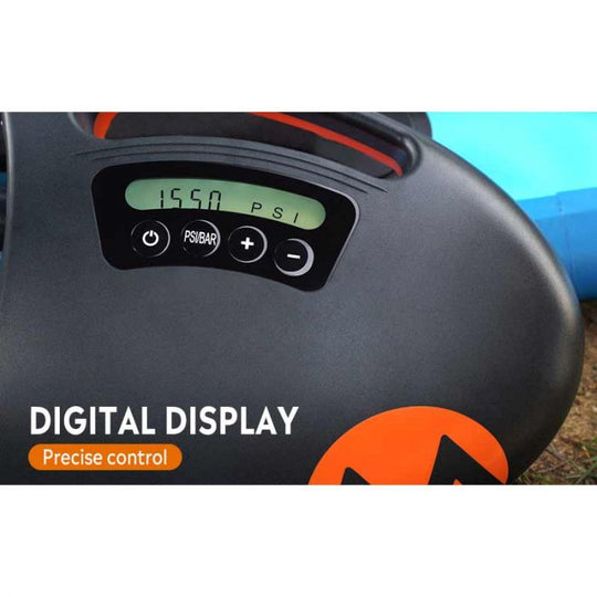 Digital display on the black Outdoor Master Shark II electric SUP pump.