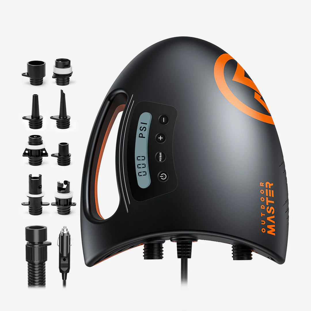 Black electric SUP pump with digital display and multiple nozzles on a white background.