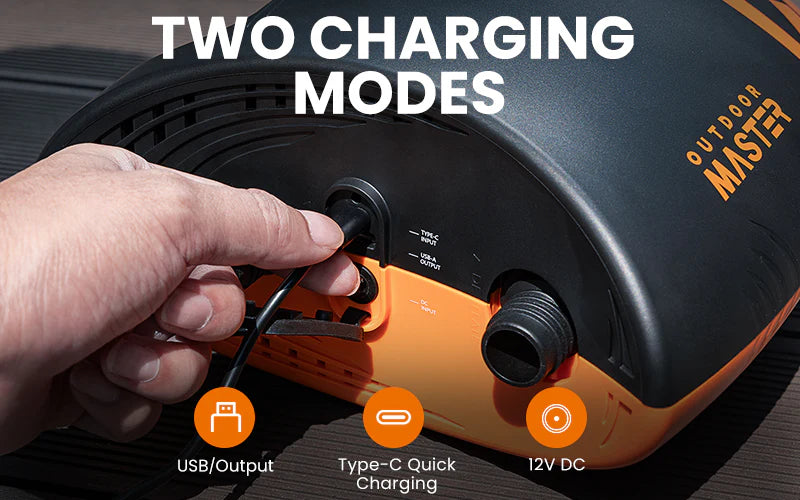 Hand plugging a cable into a power port with charging modes displayed.