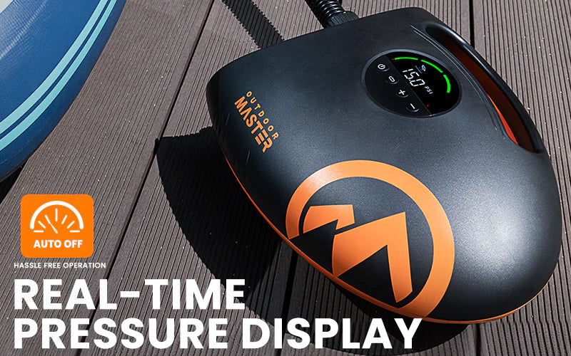 Black and orange Shark 2S pump with digital display on a wooden surface, featuring the brand 'Outdoor Master'.