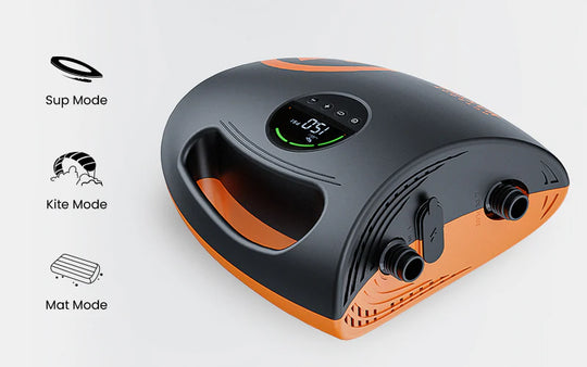 Black and orange inflatable SUP pump with digital display on a white background.