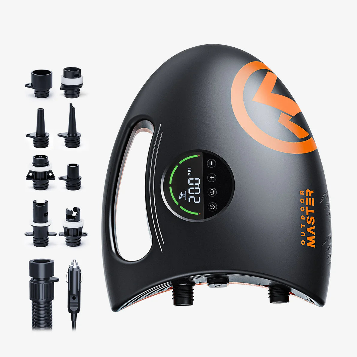 Black SUP pump with digital display and multiple nozzles on a white background.