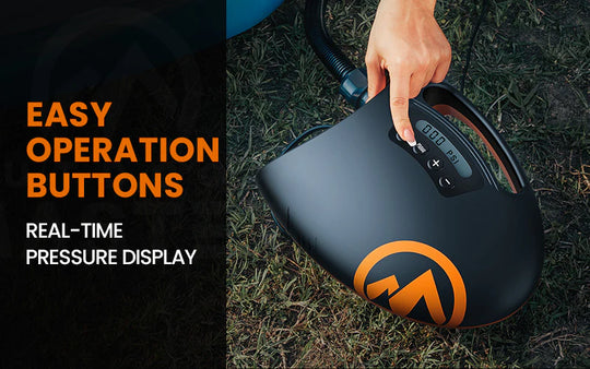 Hand holding a black and orange iSUP electric pump on grass with text highlighting features.