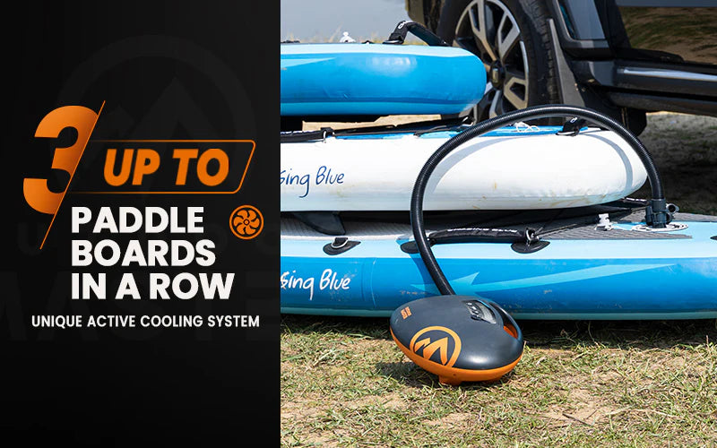 Paddle boards inflated by a Shark 2 pump with an active cooling system attached to a car, with promotional text on the left.
