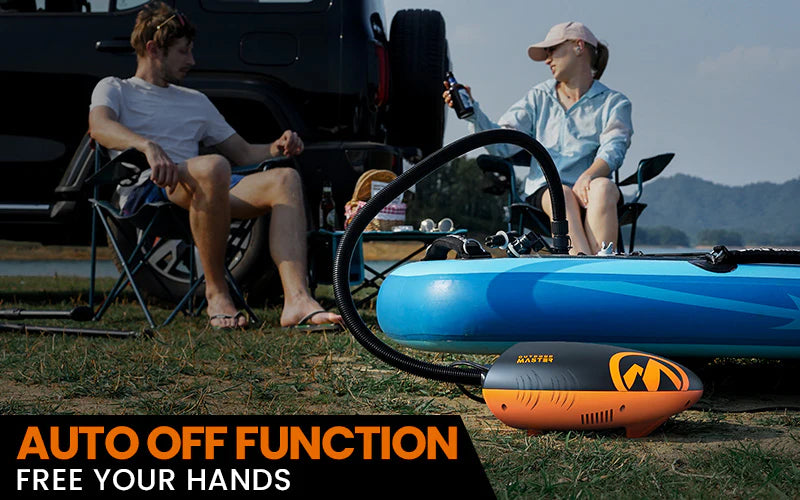 Image with text showing the Outdoor Master inflating paddleboards with text abut the automatic shut off.