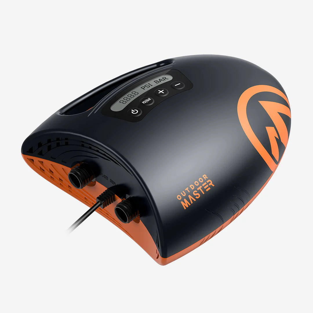 Black and orange electric SUP pump with 'Outdoor Master' branding on a white background.