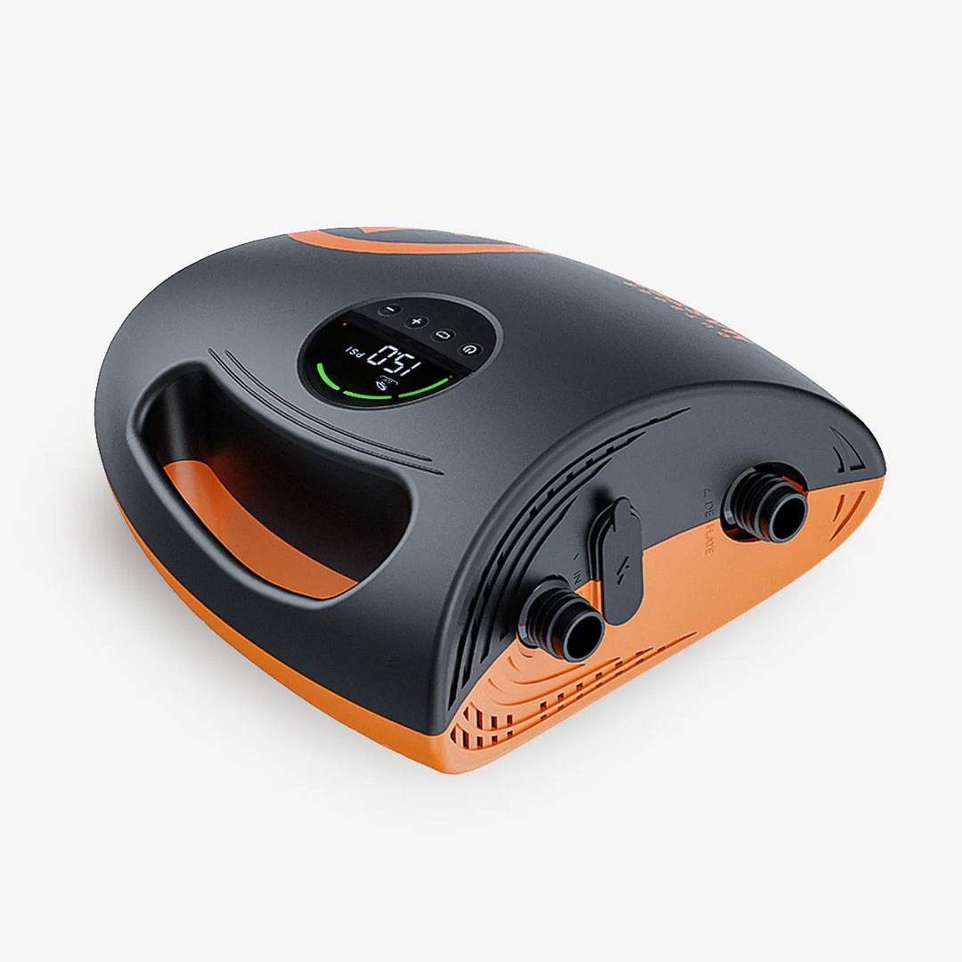 Black and orange Outdoor Master Shark 2S rechargeable SUP pump on a white studio background.
