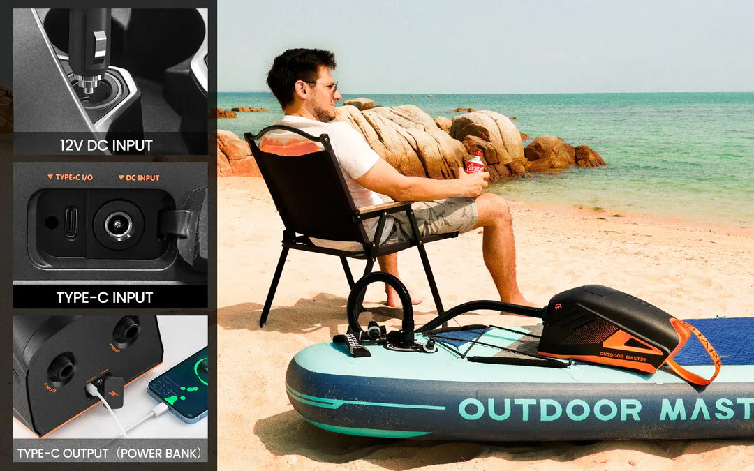 Inflatable SUP with rechargeable SUP Pump on beach, close-up of power inputs on left