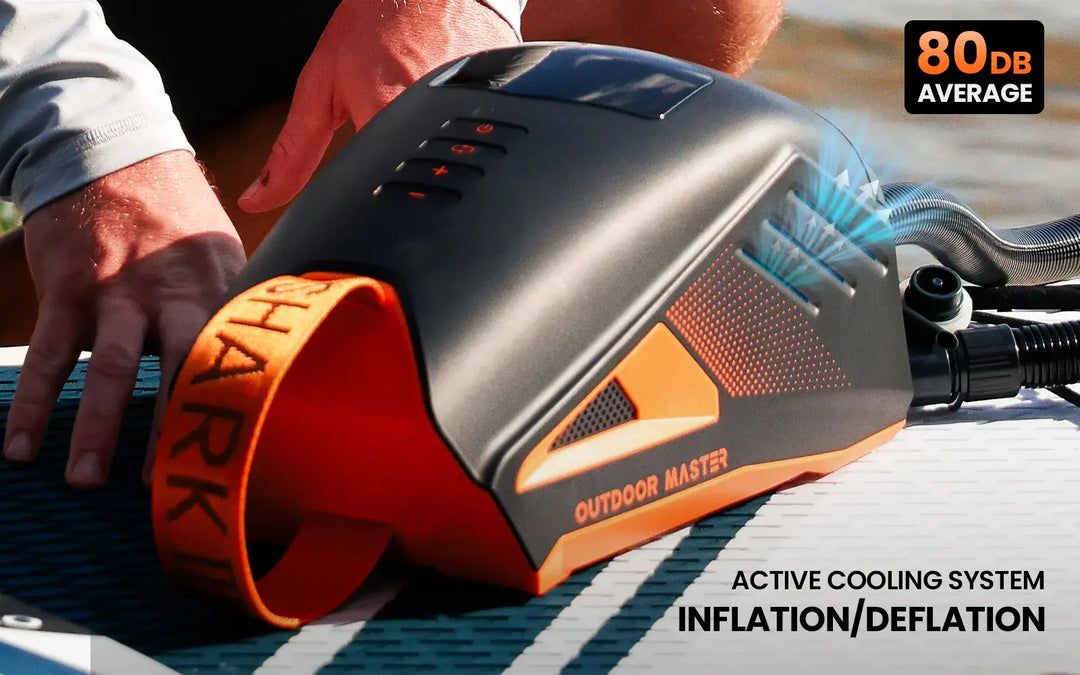 Outdoor Master inflatable SUP pump with active cooling system on an iSUP deck.