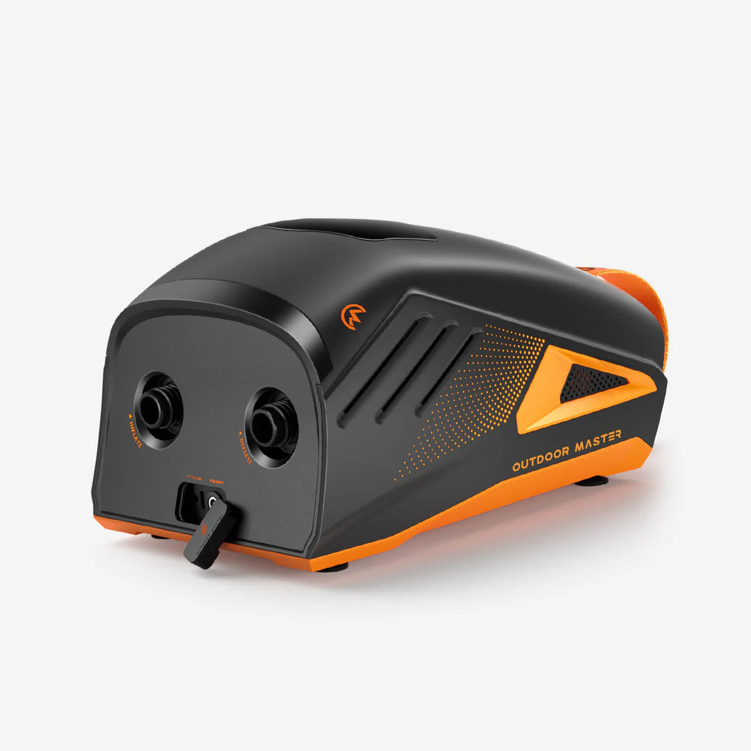 Black and orange Outdoor Master Pump on a white background. Images shows inflation, deflation and charging ports.