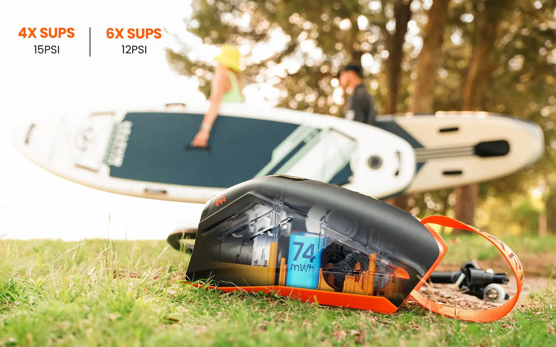 Inflatable SUP boards with rechargeable electric SUP pump on grass, people in the background. Image also shows the pump's internals. 