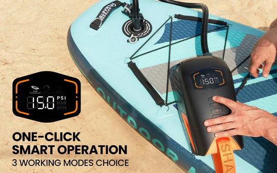 Pump for an inflatable board with digital display and 'One-Click Smart Operation' text.