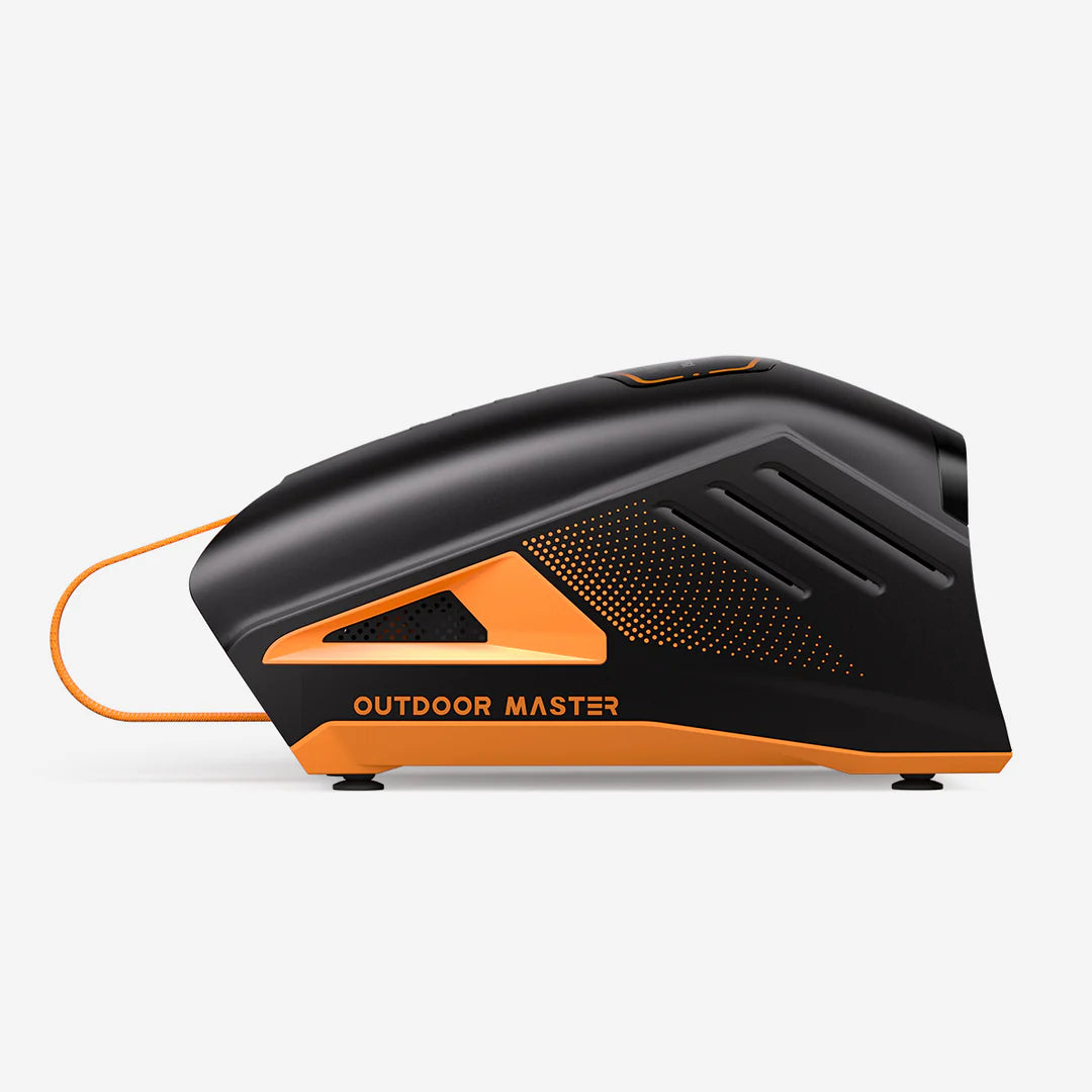 Black and orange Electric SUP Pump with 'Outdoor Master' branding on a white background.
