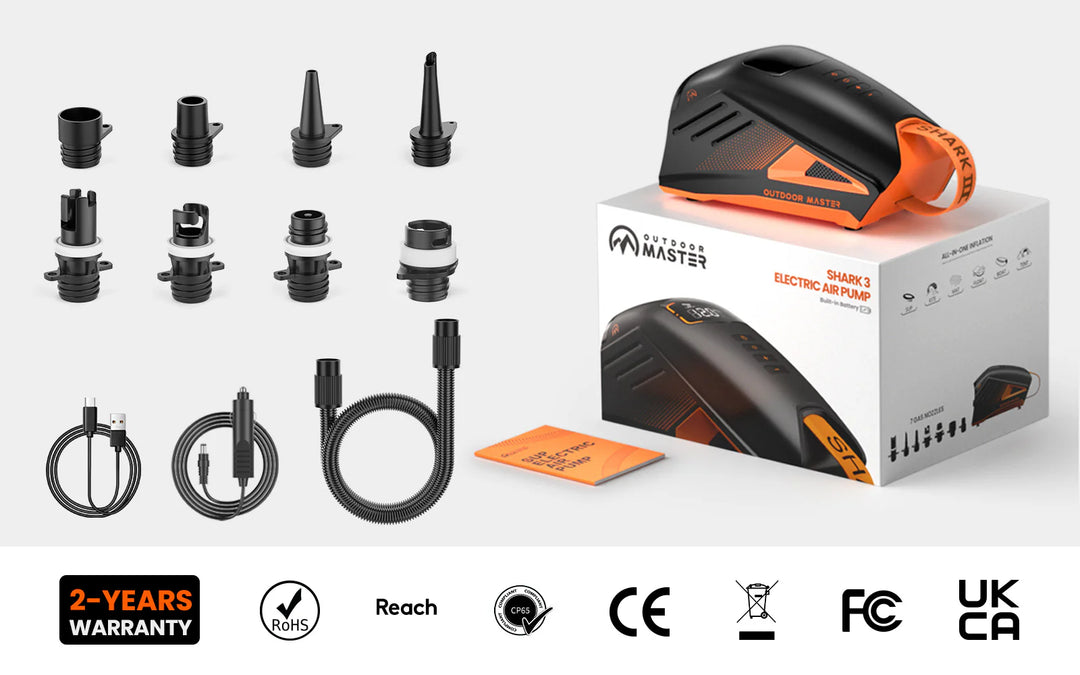 Shark 3 Electric SUP pump with 8 various nozzles and packaging on a white background