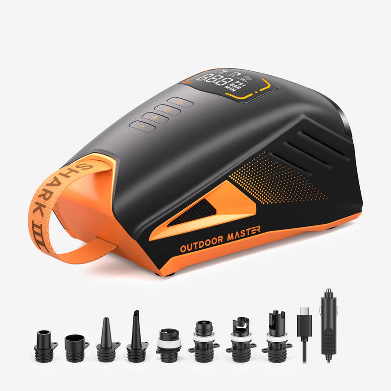 Outdoor Master rechargeable electric SUP pump  with attachments on a white background.