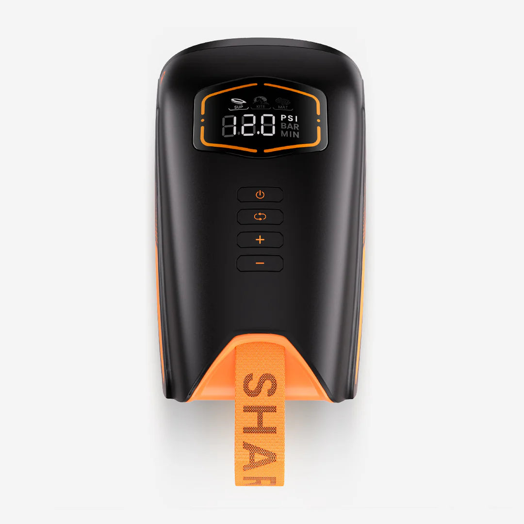 Black and orange electric SUP pump with digital display on a white background