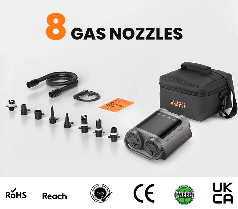 Vortex SUP Pump and Gas nozzles set with carrying case on a white background, featuring the brand 'Outdoor Master' and certification logos.