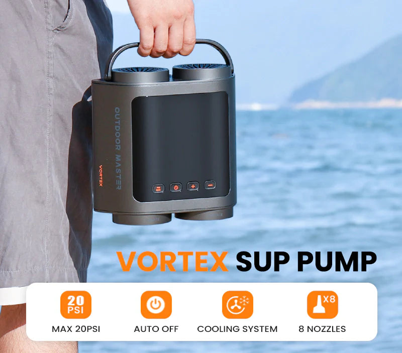 Vortex SUP pump held by a person with a scenic background.