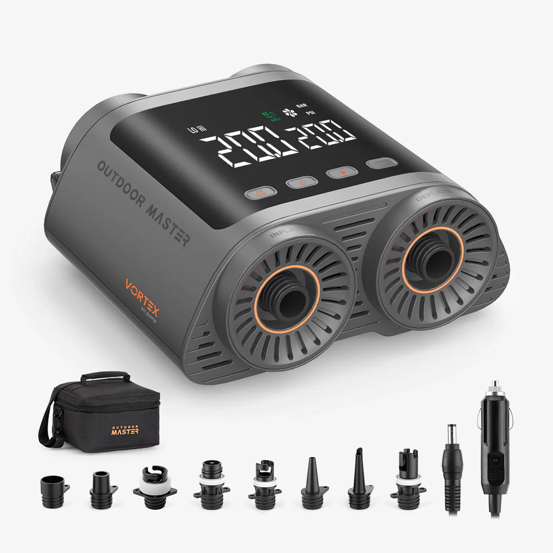 Outdoor Master electric SUP pump with digital display and accessories on a white background.