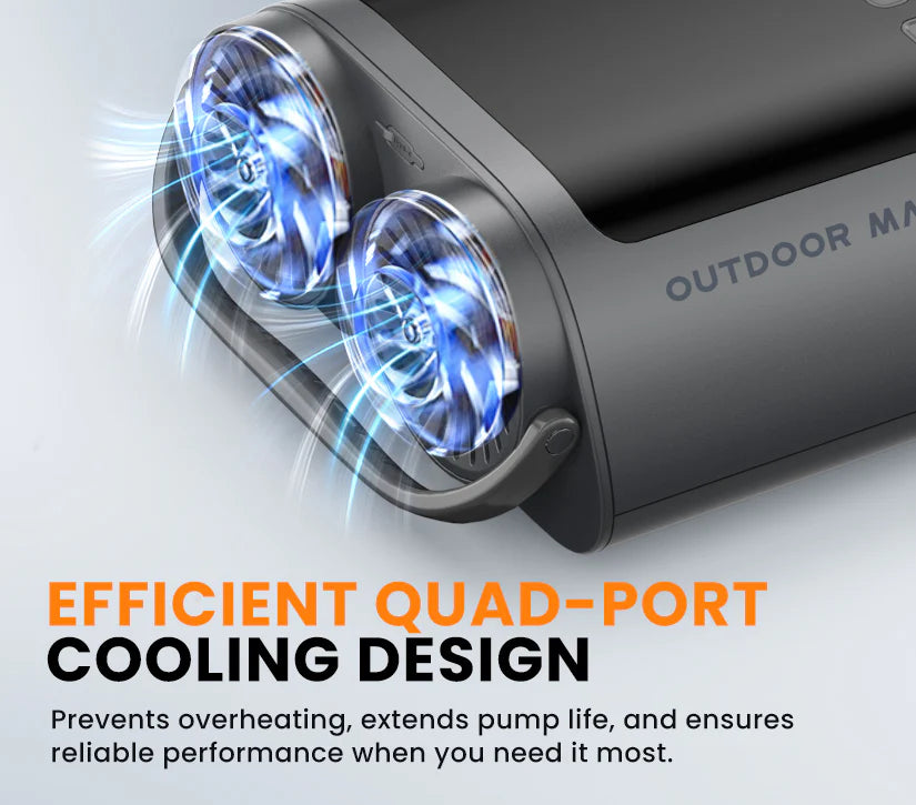 Outdoor Master Vortex Pro Pump with quad-port cooling design on a grey background.