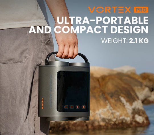 Person holding an Outdoor Master Vortex Pro portable SUP pump with text about its design and weight.