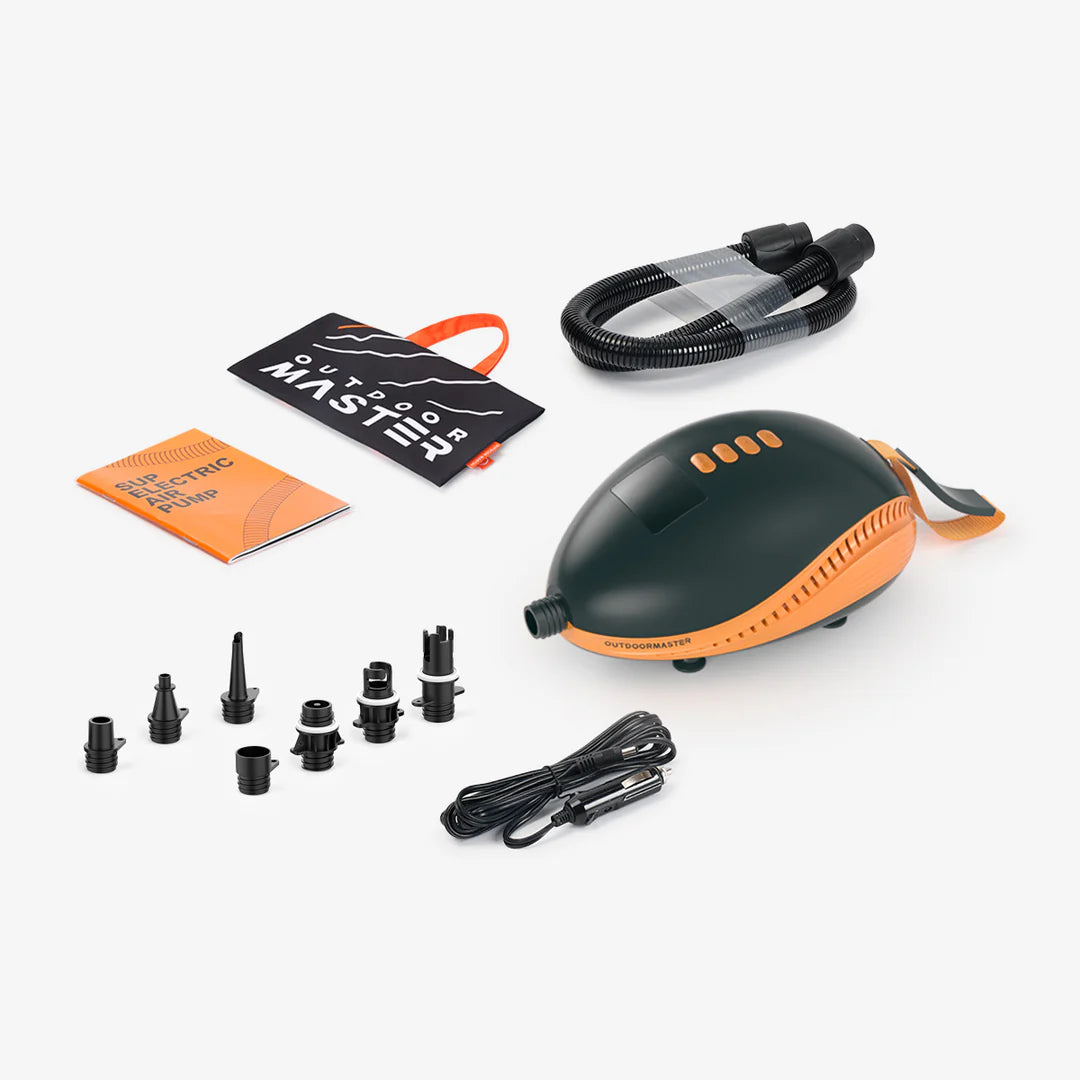 Outdoor Master Dolphin Electric SUP Pump set with accessories on a white background.