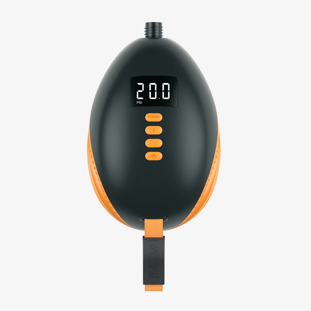 Black and orange electric SUP pump with digital display on a white background.