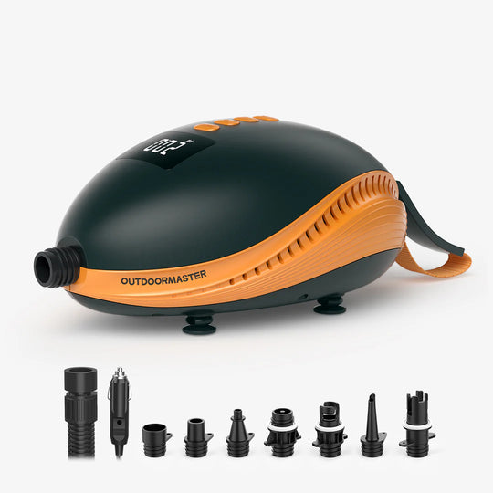 Black and orange inflatable SUP pump with multiple nozzles on a white background.