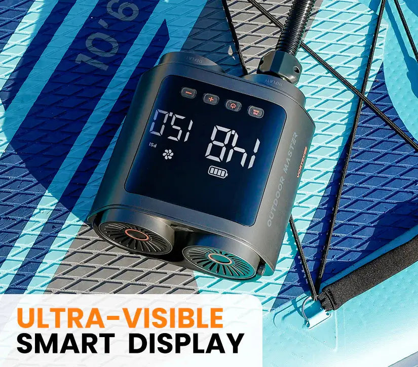 Ultra-visible smart display on an Outdoor Master Vortex Electric SUP Pump that's resting on a blue inflatable paddleboard with text overlay 