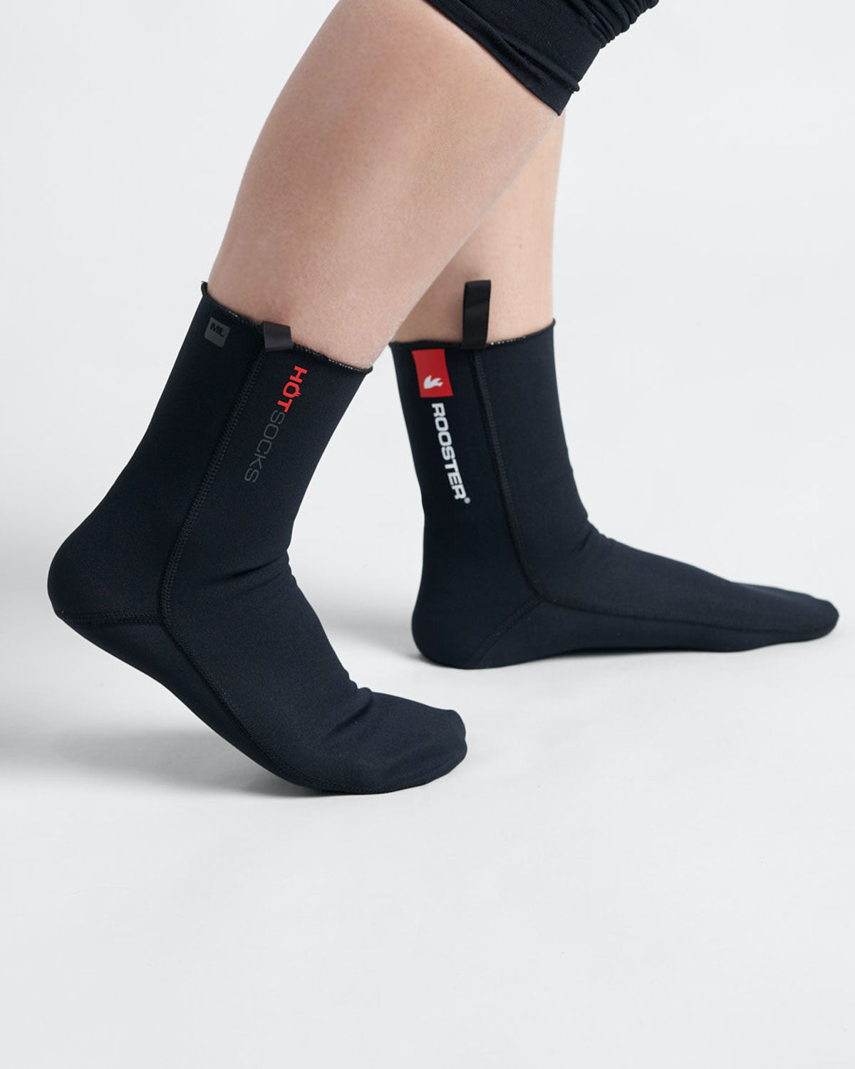 Black neoprene socks with a red and white rooster logo, designed for water activities.