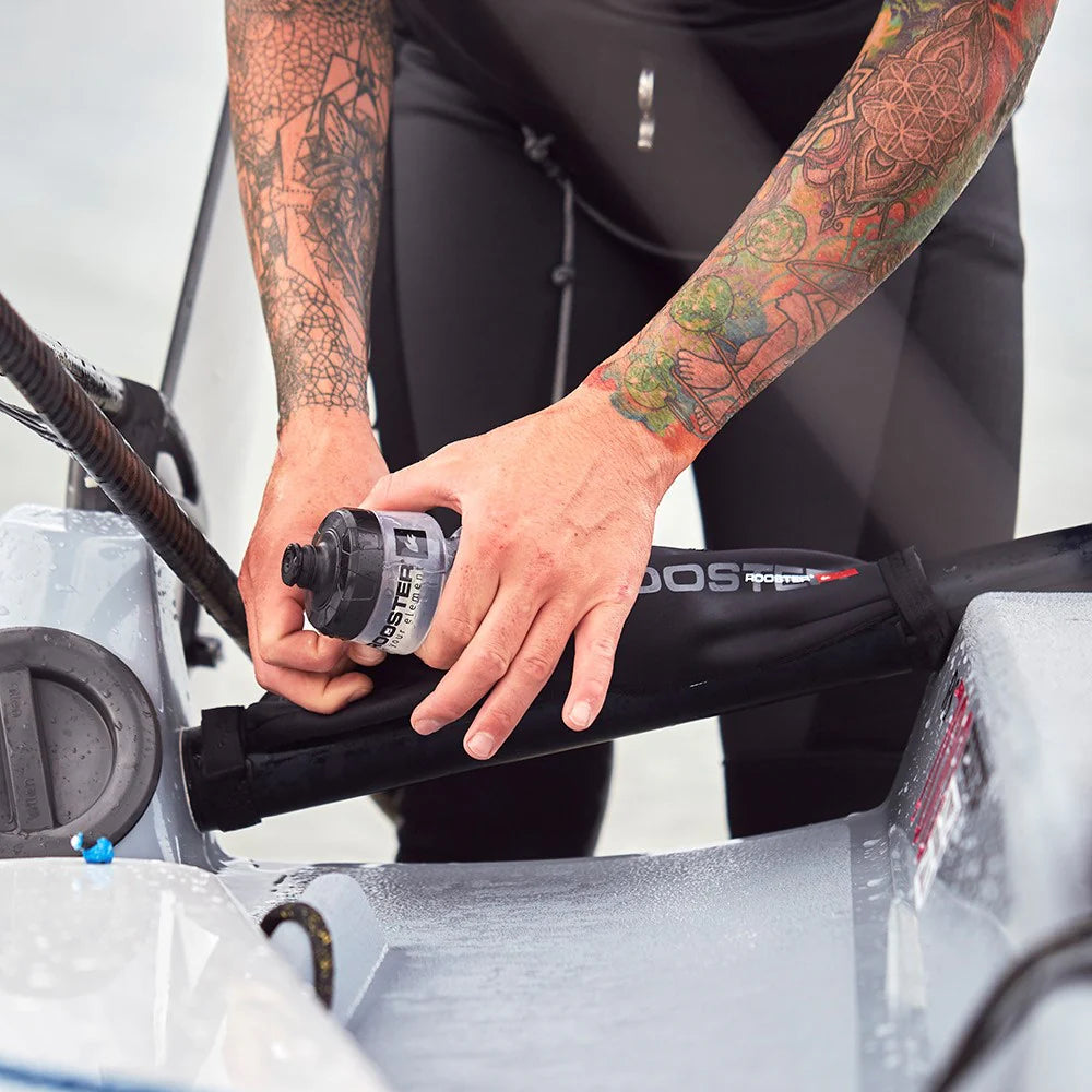 Rooster neoprene water bottle holder on part of a sailing dinghy.