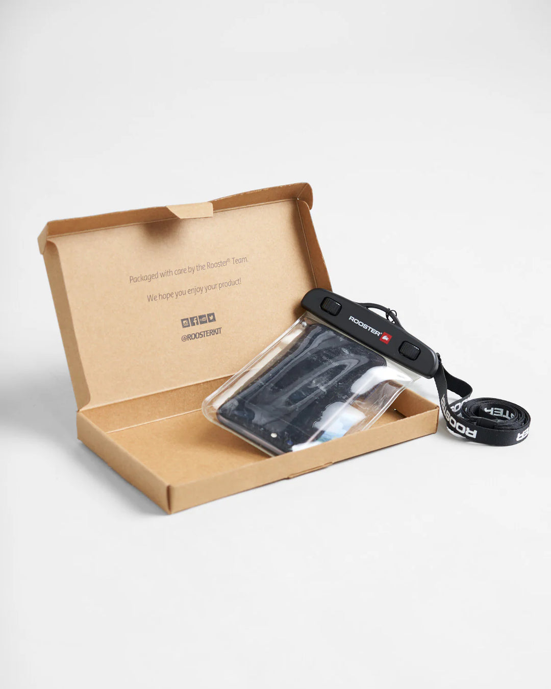 Product packaging with a clear waterproof phone case and strap on a cardboard box against a white background.