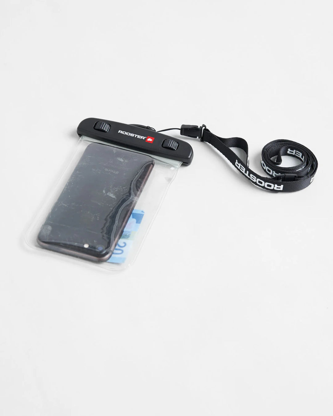 Rooster waterproof phone case with lanyard and waterproof cover on a white background.