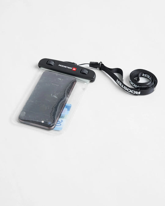 Rooster waterproof phone case with lanyard and waterproof cover on a white background.