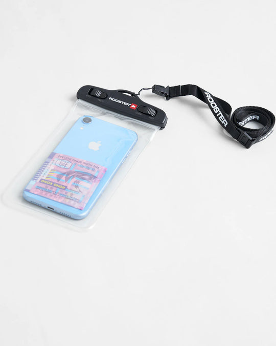 Waterproof phone case with a lanyard on a white background.