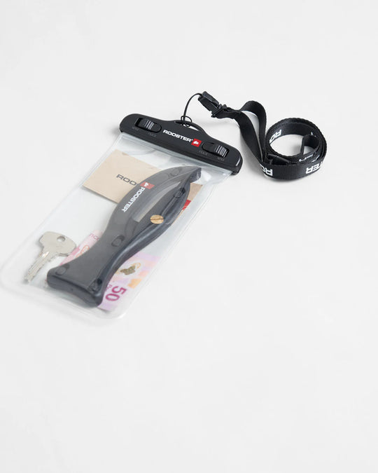 Waterproof phone case displayed with a pocket knife, lanyard, and small pouch on a white background.