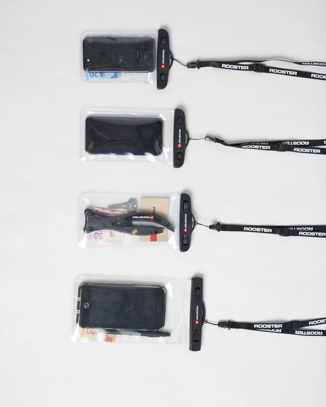 Set of Rooster waterproof phone cases including lanyards on a white background.