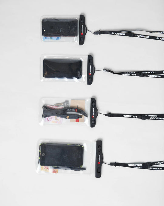 Set of Rooster waterproof phone cases including lanyards on a white background.
