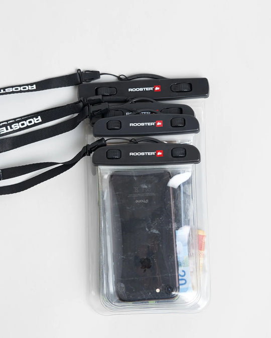 Set of Rooster waterproof phone cases with lanyards and Rooster branding on a white background.