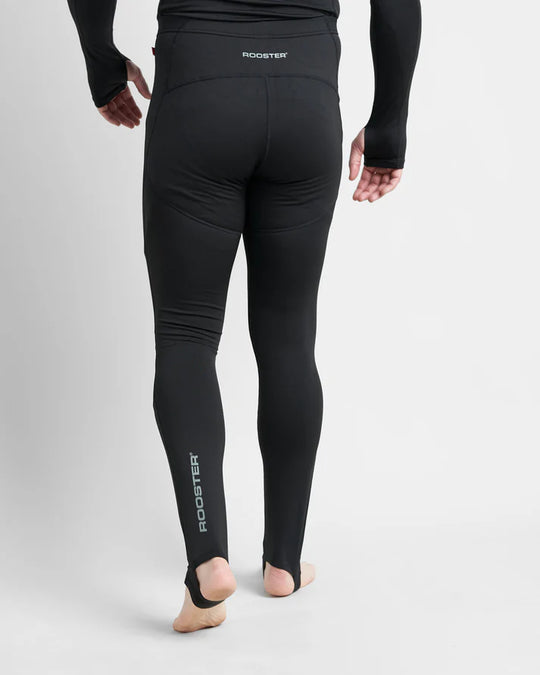 Back of model wearing Black hydrophobic base layer set on white studio background.